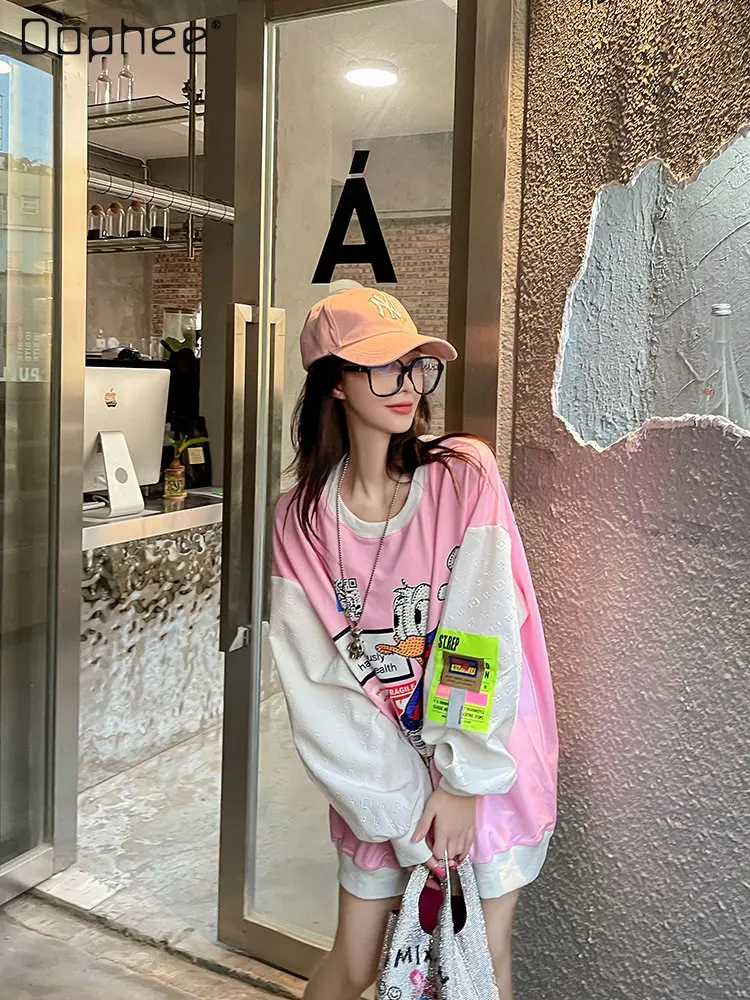 

2022 Spring and Autumn New Multicolor Hoodie Coat Women's Fashion Rhinestones Loose Mid-Length Round Neck Pullover Sweet Top