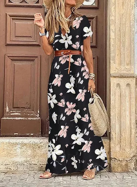 

New in 2022 Long Dress Summer Sexy V-neck Short Sleeve Belted Maxi Dress Boho Party Dress Ladies Bohemian Beach Holiday Sundress