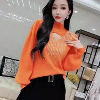 heavy embroidery hot drilling hollow sweater womens 2021 winter new lantern sleeve high collar temperament bottoming sweater