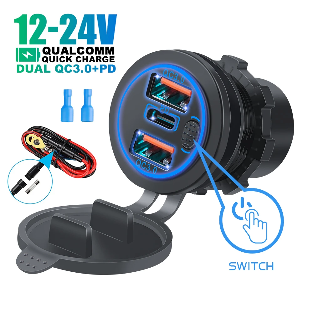 

Car Charger 68W Dual QC 3.0 USB & PD Type-C Triple Cigarette lighter Socket 12-24V with Touch Switch for Car Boat Marine RV