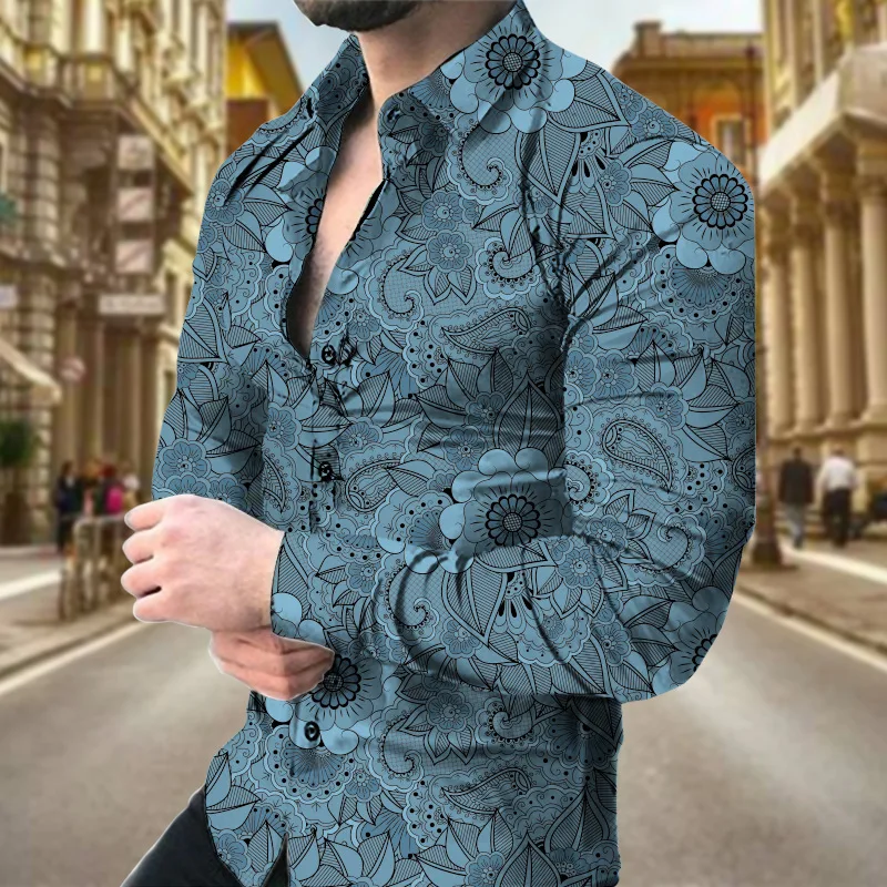 3D Fashion Retro Floral Pattern Printing Men's Long Sleeve Shirt
