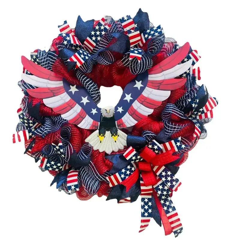 

4th Of July Wreath Patriotic Eagle Independence Day Door Wreath 15.74inch/40cm Red White And Blue Ribbon Wreath For Independence