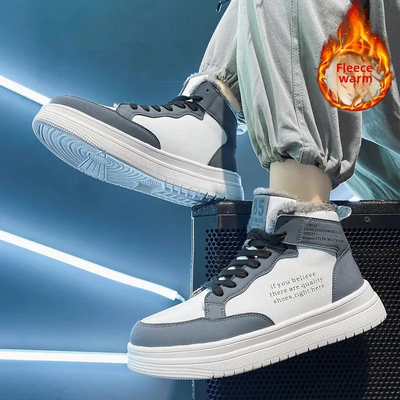 Мужские зимние высокие туфли на флисовой подкладке утепленная теплая кожаная
