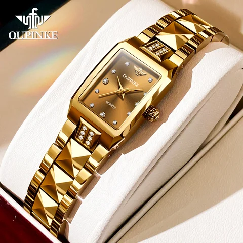 Часы OUPINKE женские из вольфрамовой стали, брендовые Роскошные Водонепроницаемые Оригинальные швейцарские часы с квадратным циферблатом