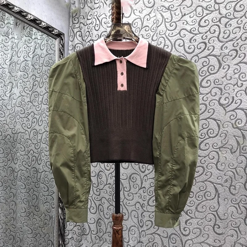 

Женский трикотажный свитер с отложным воротником, хлопковый джемпер в стиле пэчворк с длинными рукавами, Осень-зима 2023