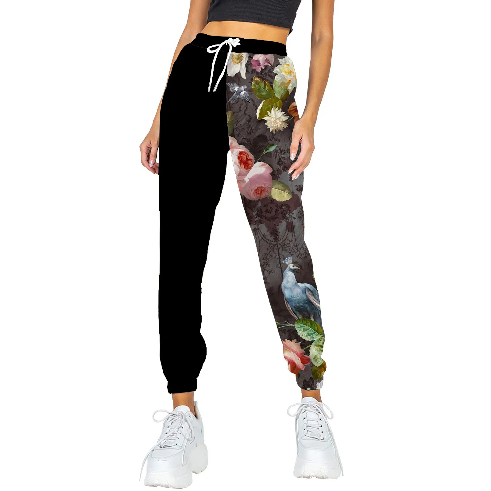 

Черные спортивные брюки с цветочным принтом для бега женские Мешковатые корейские модные джоггеры тренировочные спортивные брюки с высоко...