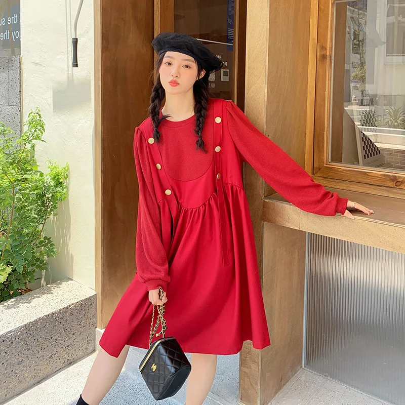 

Red Dress for Women 2023 Spring New Long Sleeve O-neck Elegant Korean Style Sweet Loose Casual Spliced Dresses Female 0732