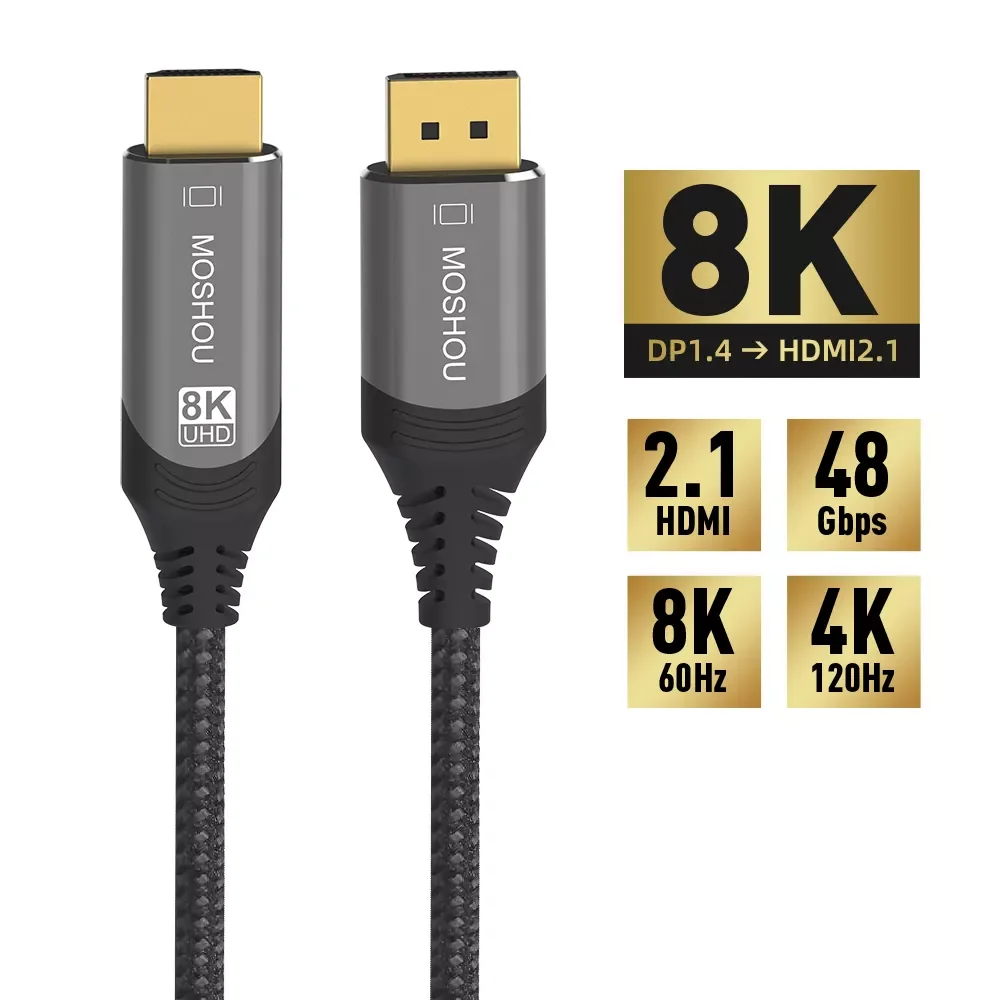 

2022NEW 8K DisplayPort to HDMI-compatible Cable UHD 8K@60Hz 4K@120Hz Ultra Speed 48Gbps HDR for Projector HDTV DP1.4 to HD2.1