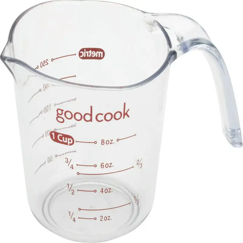 

Beautiful, Versatile Clear/Red Plastic 250ml Measuring Cup - Ideal for Baking, Cooking, or Serving Food.