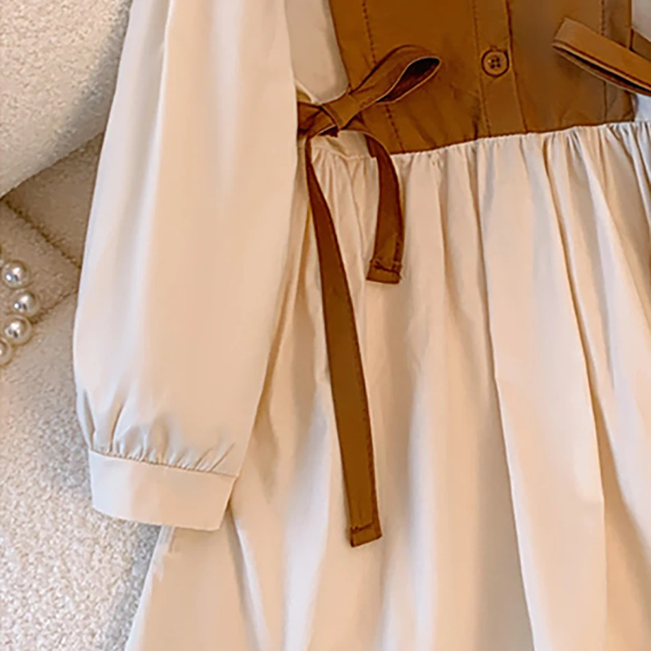 na moda jesienna dla małej dziewczynki z długim rękawem i kokardką kołnierzykiem swobodna koszula sukienka dzieci elegancki formalny strój