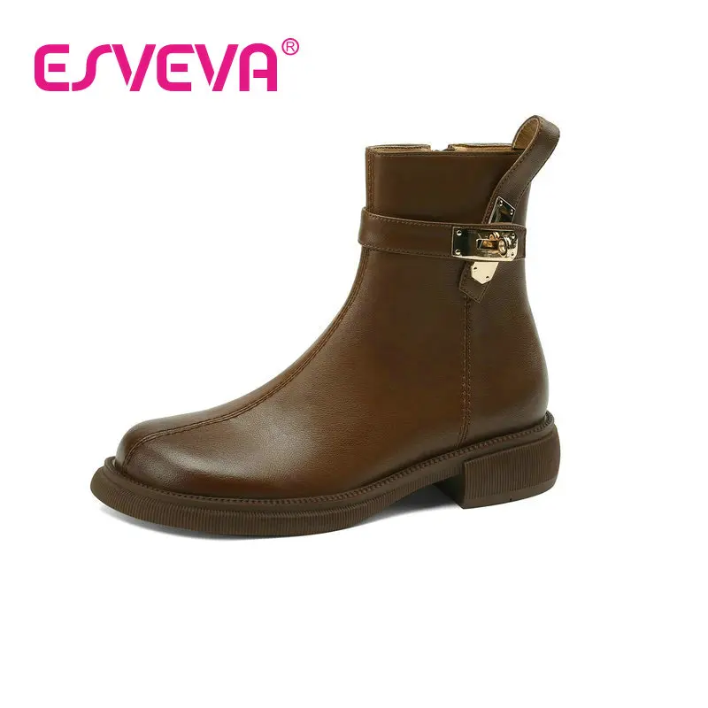 

ESVEVA 2023 Women Boots Ankle Boots Cow Leather Round Toe British Nobility Style Med Heel Zipper Punk Shoes Size 34-39