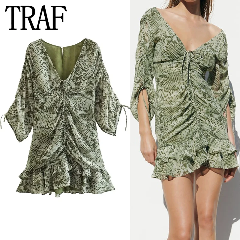 

Короткие женские платья TRAF со змеиным принтом, облегающее мини-платье с рюшами, женское винтажное шифоновое платье с оборками, женские ночные платья