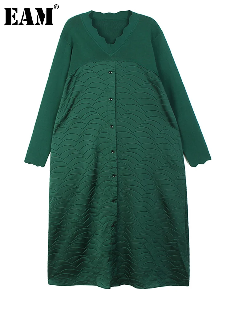 

[EAM] Women Casual Red Long Knitted Big Size Dress New V- Neck Long Sleeve Loose Fit Fashion Tide Spring Autumn 2023 1DF4048