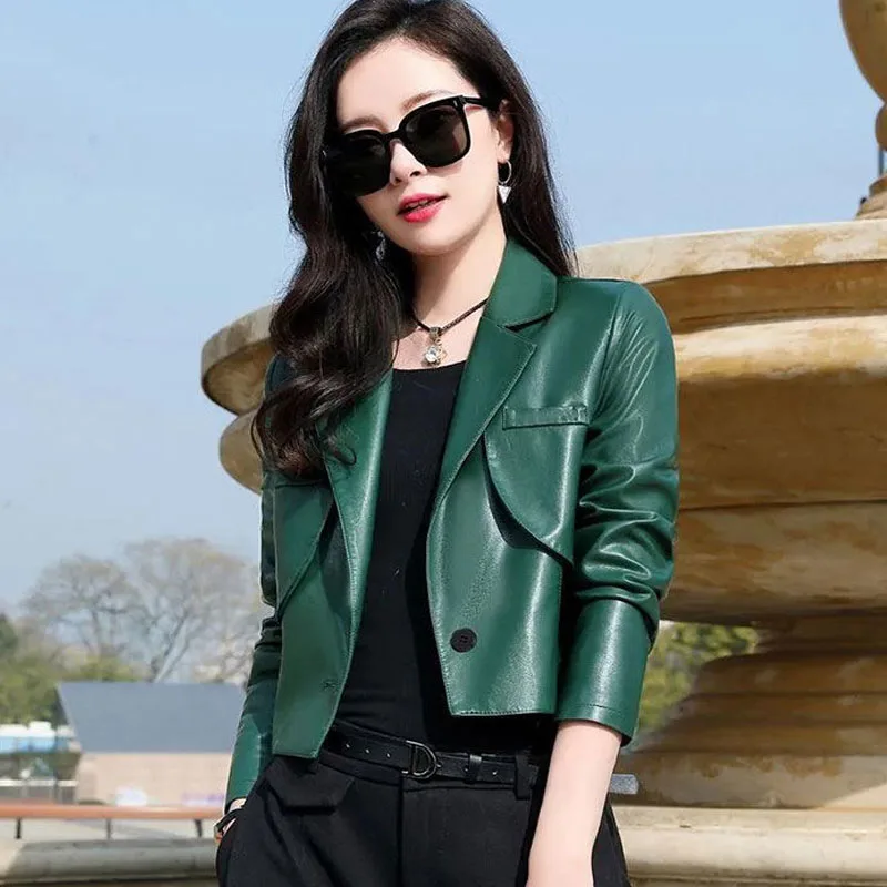 Women's PU Leather Short Jackets Coat 2022 Autumn Faux Fur Splicing Irregular Long Sleeve Ladies Skinny Locomotive Small Coats