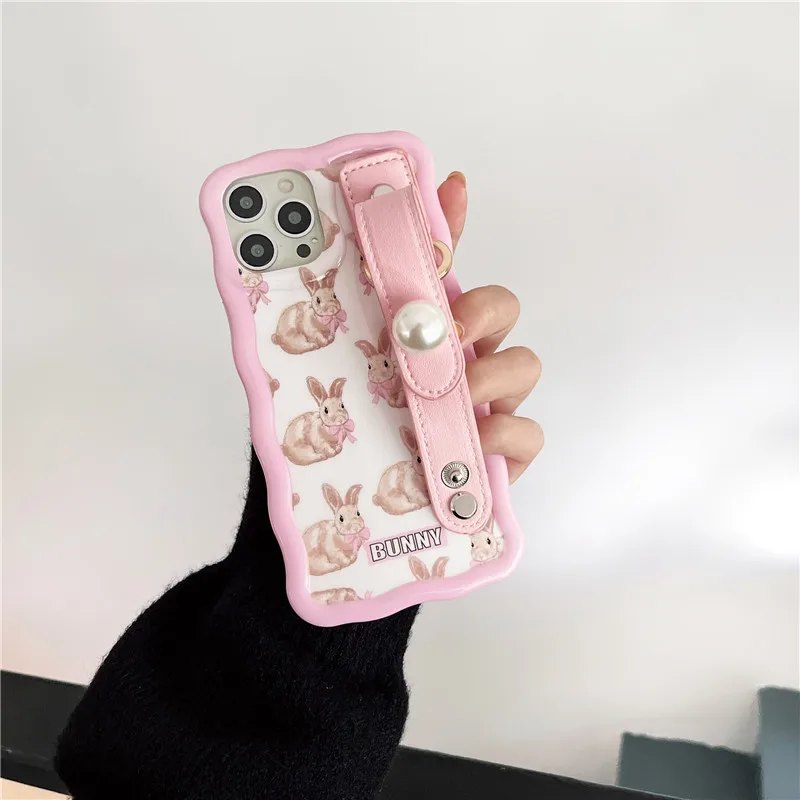 

Cute Pink Rabbites Bunny Wrist Strap Wave Holder Soft Phone Cases For iPhone 14 13 12 12Pro 11 Pro Max Shockproof Silicone Cover