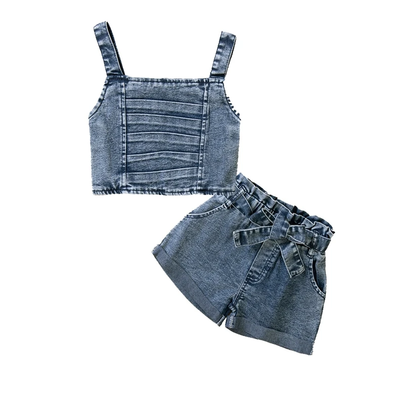 

Bmnmsl Girls Casual Pants Outfit Blue Solid Color Pleated Tank Tops and Wide-leg Denim Shorts with Waistband