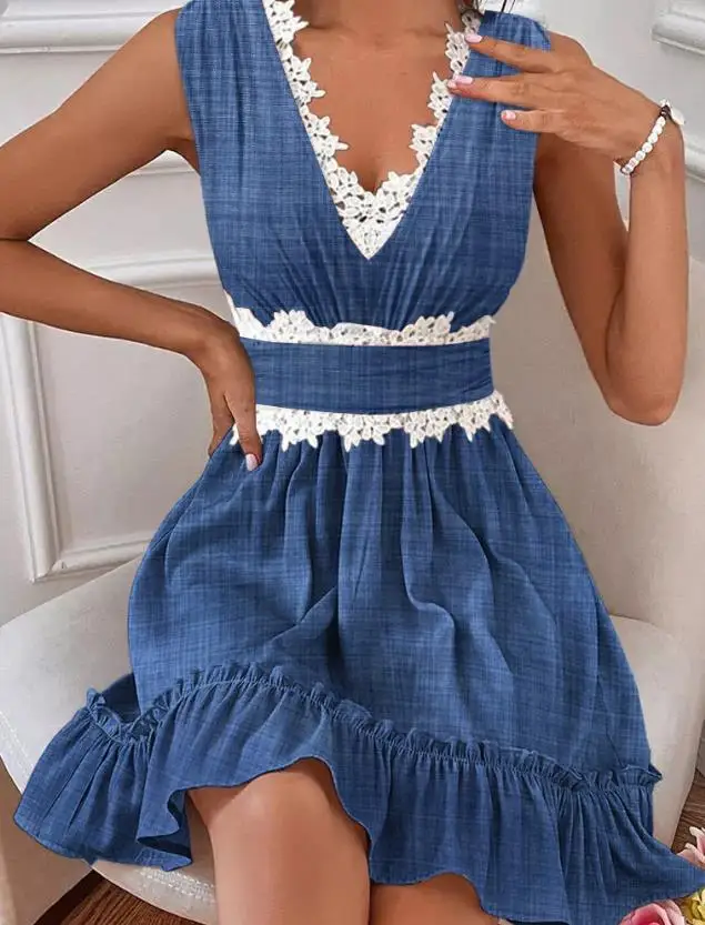 

Women's Dress Contrast Lace Sleeveless Ruffle Hem Casual Dress 2023 Summer V-Neck Pleated Waist Hem Shaped Flounce A-Line Dress