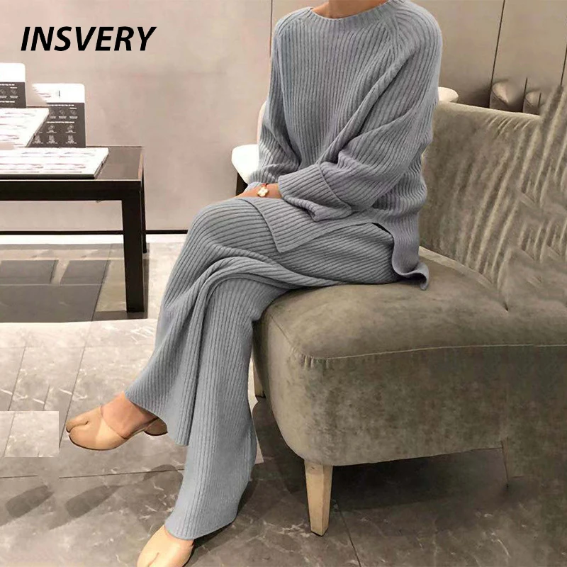 

2023 Knitted Sweater Suit Women Elegant Two Piece Set Long Sleeve Sweatshirt Pullovers Wide Leg Pants Suit Female Autumn Outfits