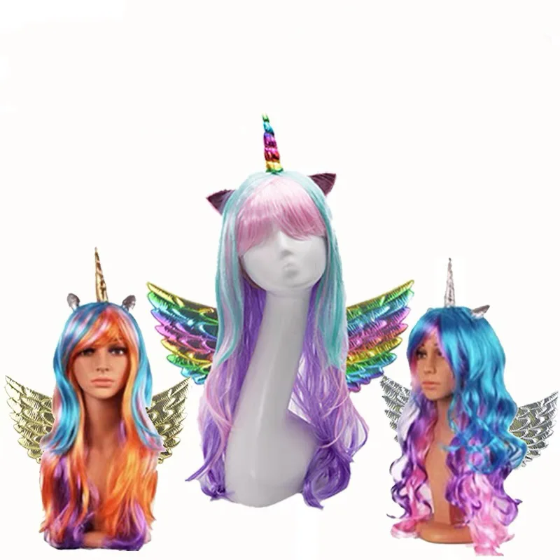 Girls Unicorn Cosplay Hairband Kids Dress UP Wigs Princess Fancy Outfits Accessories Baby Girl Rainbow Braid Synthetic Hair