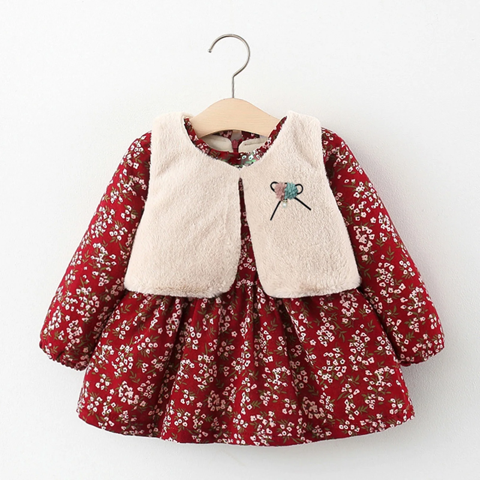 

Утолщенная теплая куртка для маленьких девочек, жилет + платье с цветами, комплект одежды для ванны с цветами пряди маленьких девочек