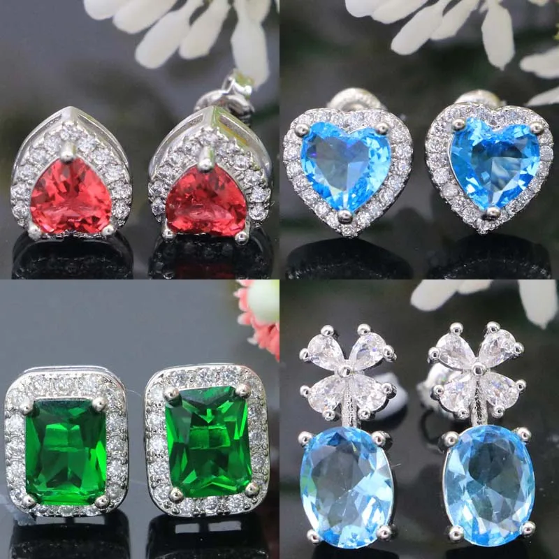 

11x10mm 2022 New Arrival Green Emerald Ruby Blue Sapphire Blue Topaz CZ Females Gift Silver Earrings Fine Jewelry