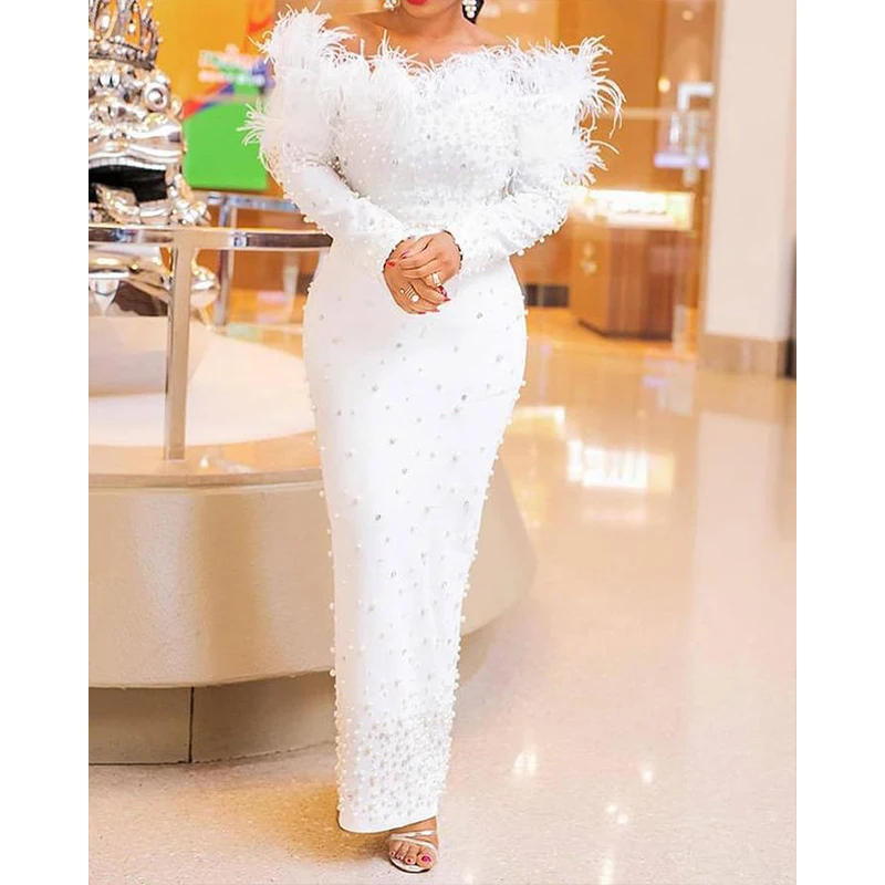 Элегантное женское платье, роскошные белые сексуальные женские длинные вечерние платья для особых дней рождения, свадьбы, женское платье с перьями