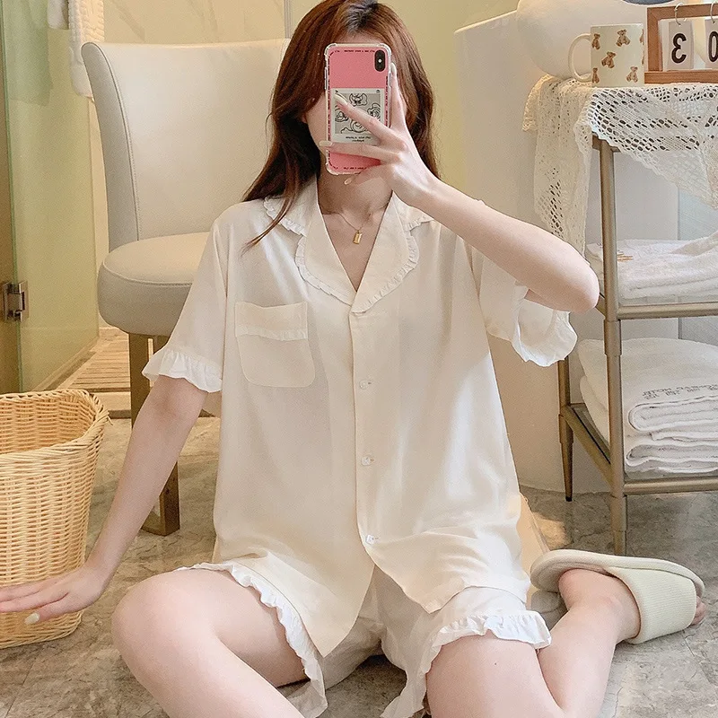 Summer Thin Loose Sleepwear Attractive Women's Nightwear Clothing Short Sleeve Turn-down Collar Pajamas Set Big Size Loungewear