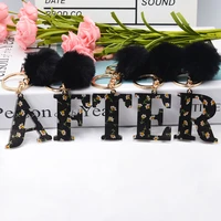 black a z english letter keychain with fur ball keyring arcylic letter gold color key chain gifts accessories