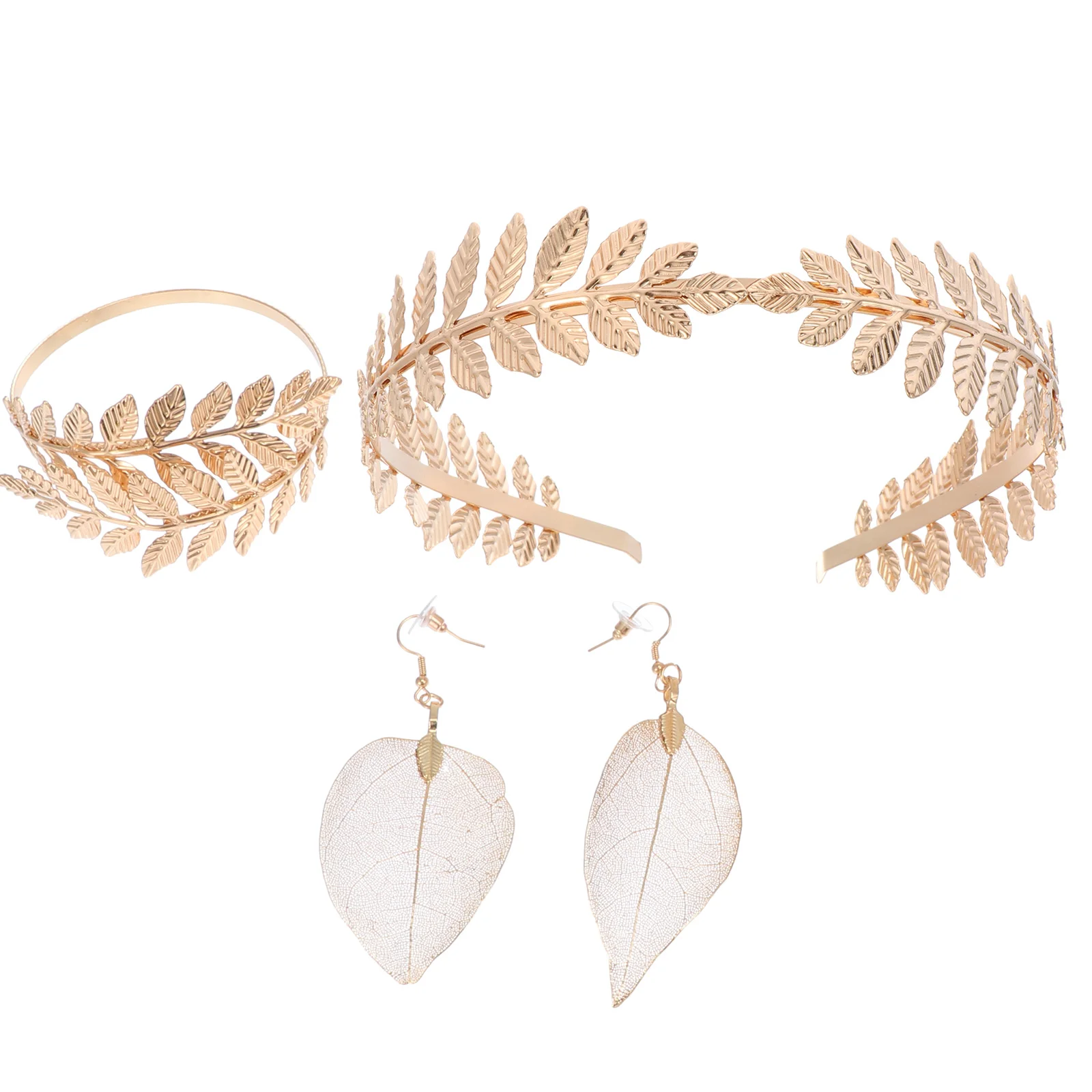 1Set Leaf Crown Headdress Armlet Earrings Bridal Jewelry Accessories Golden |