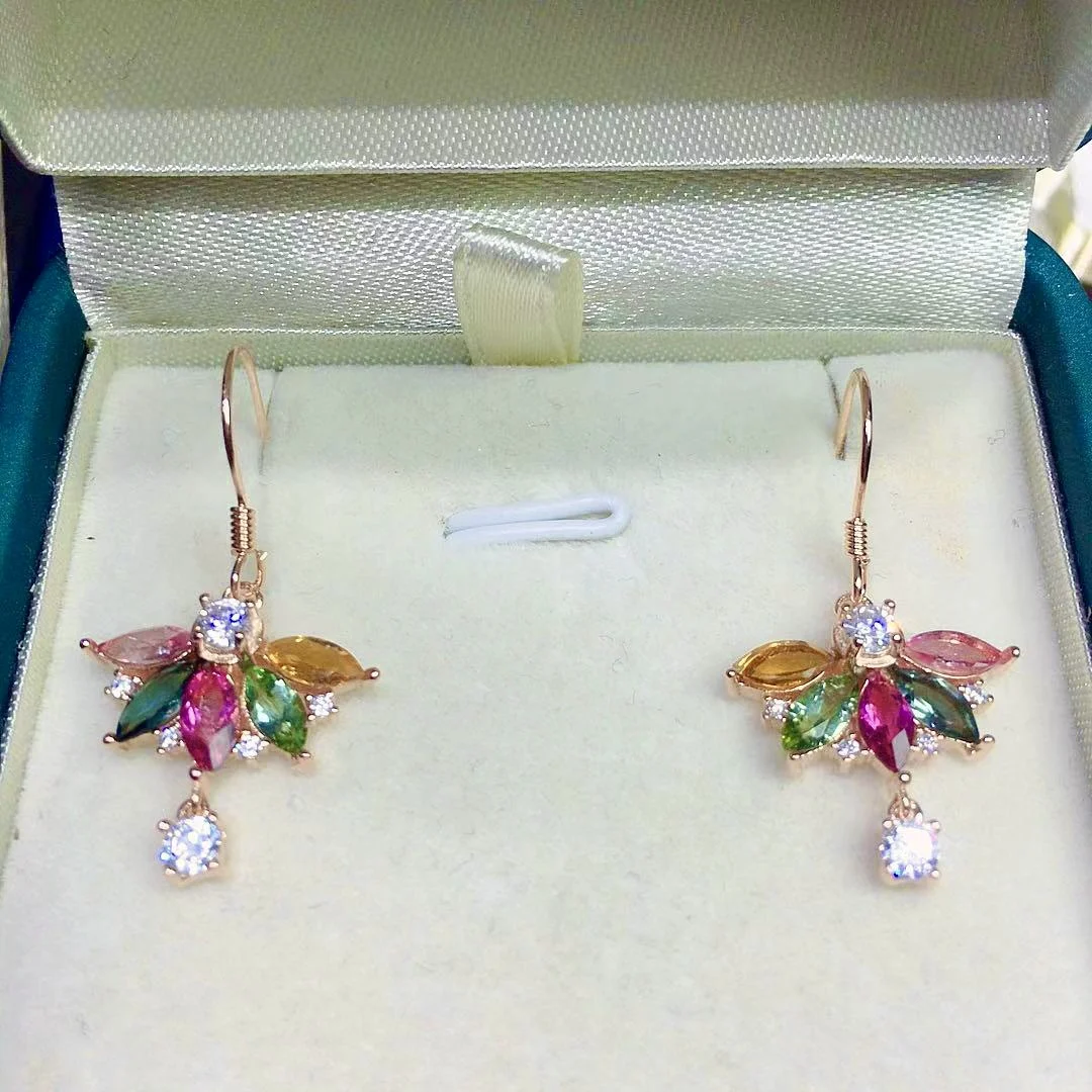 Разноцветные турмалиновые серьги-подвески для свадьбы 3 мм * 6 всего 925 карата