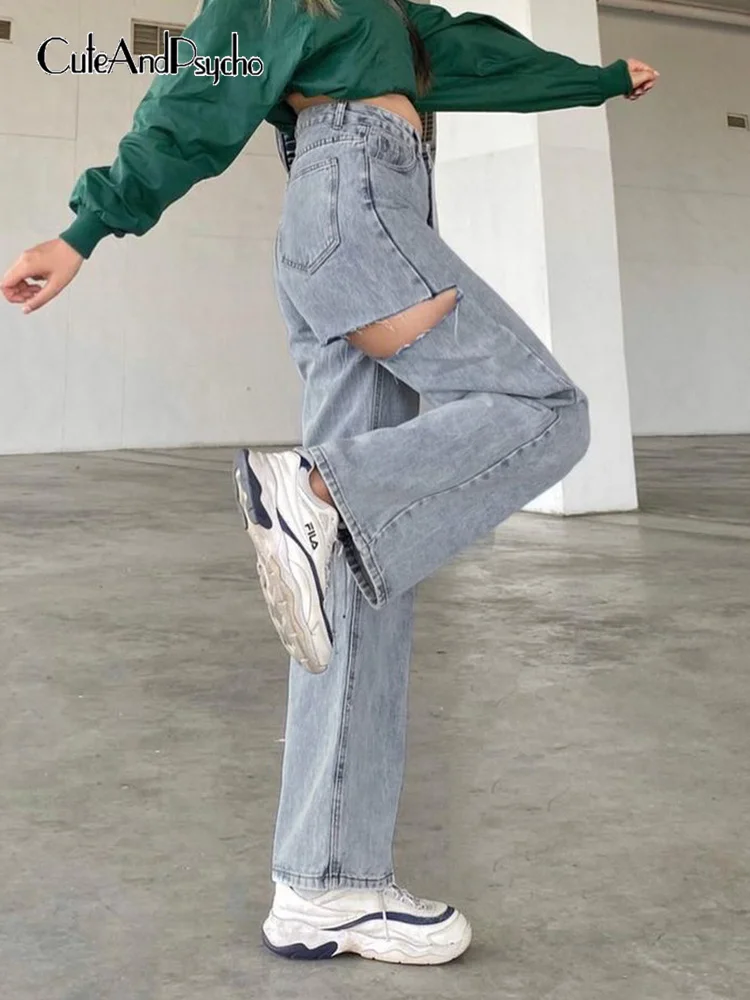 

Cuteandpsycho Streetwear Casual Hole Straight Jeans Women Harajuku Y2K Chic Baggy Denim Pants Aesthetic Blue Basic Trousers 90s