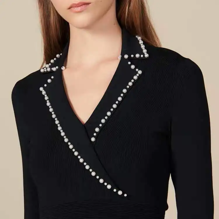 Women's  Dress Mini Pearl Lapel Long Sleeve V-neck Slim Solid A-Line Knit Commute Autumn Winter New