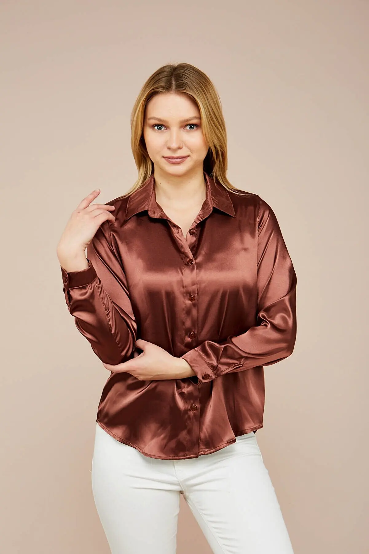 

Women's Coffee Lightly Dated Satin Surface Shirt Pretty and Cheap women's Shirts 1930826116