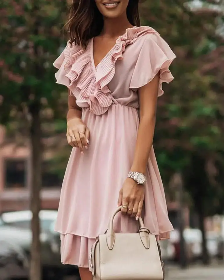 

Women's Dresses 2022 Summer Elegant Sweet Layered Ruffle Hem Wrap Plain Casual V-Neck Short Sleeve Mini Daily Dress
