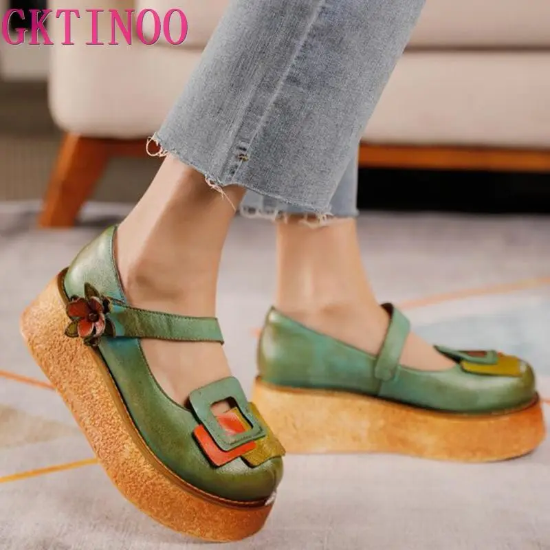 

GKTINOO Retro Pumps Women Shoes Genuine Leather Floral Hook & Loop 2023 New Spring Casual Round Toe Concise Four Seasons Shoes