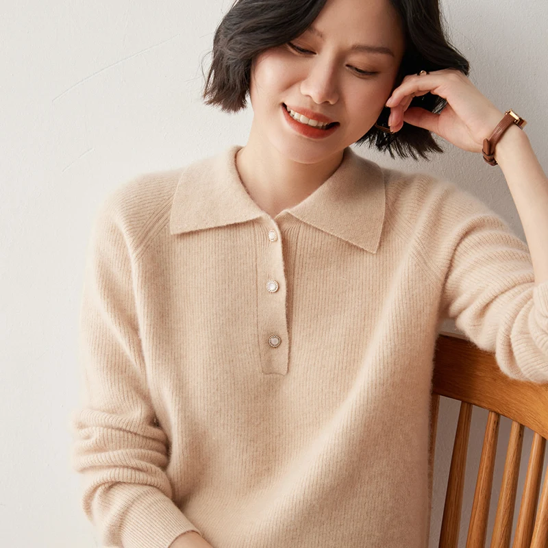 Свитер-поло из козьего кашемира с воротником для женщин роскошный деловой