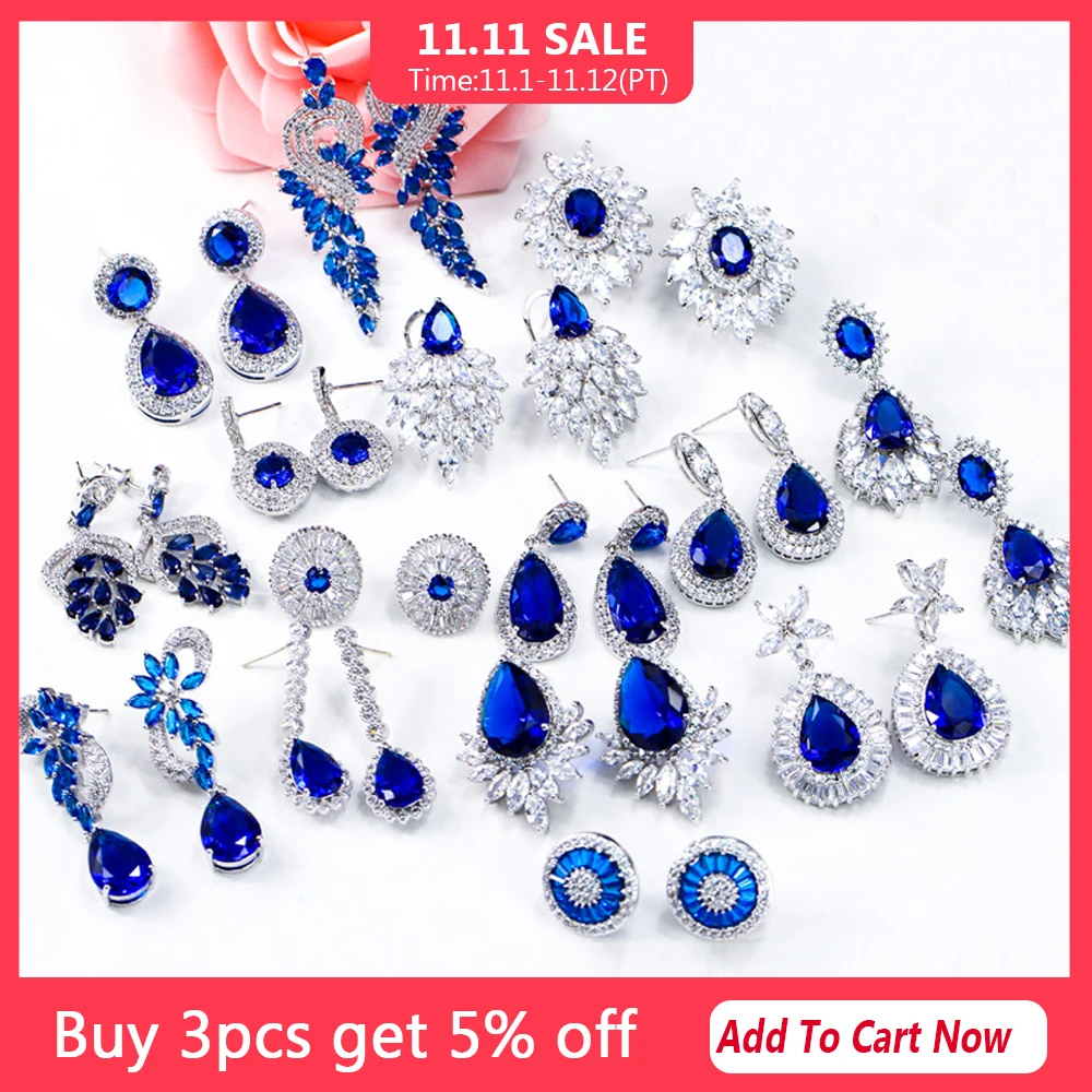 

ThreeGraces Noble Big Cubic Zirconia Dark Blue Crystal Earring for Women Statement Round Flower Dangle Teardrop Earrings ER011