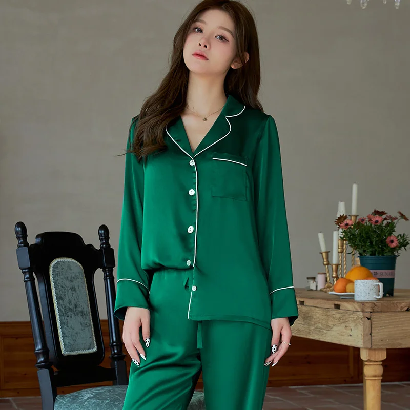 

Spring And Summer High-class Pure Color Long-sleeved Ice Silk Pyjamas Women Imitation Silk Set Can Be Worn Outside Home Clothes