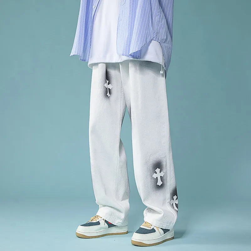 Men's Denim Pants Fashion Loose Wide Leg Jeans Casual Streetwear Printed Cross Trousers Oversize Pants Baggy Men Jeans