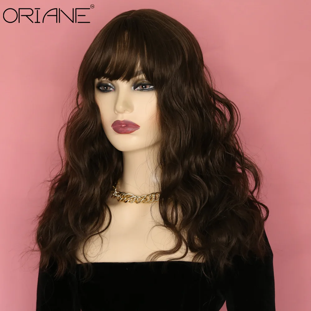 

ORIANE Cool Brown Color Synthetic Wig For Women Long Deep Wavy Hair Layered With Bangs Cosplay Wigs High Temperature Fiber Wigs