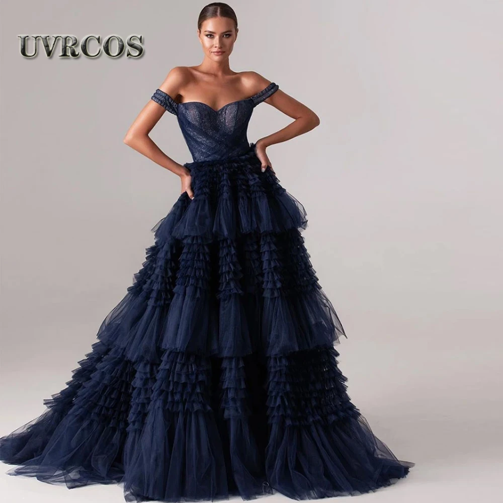 

UVRCOS Trendy Navy Blue Off Shoulder Sparkly Evening Dresses Tiered Graduation Personised Robes De Soirée Formal Celebrity Party