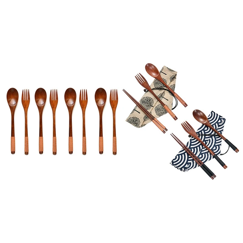 

HOT-8 Pcs 9 Inchjapanese Spoon Fork Set & 2 Set Wooden Flatware Tableware Cutlery Set, Wooden Fork Spoon Chopsticks