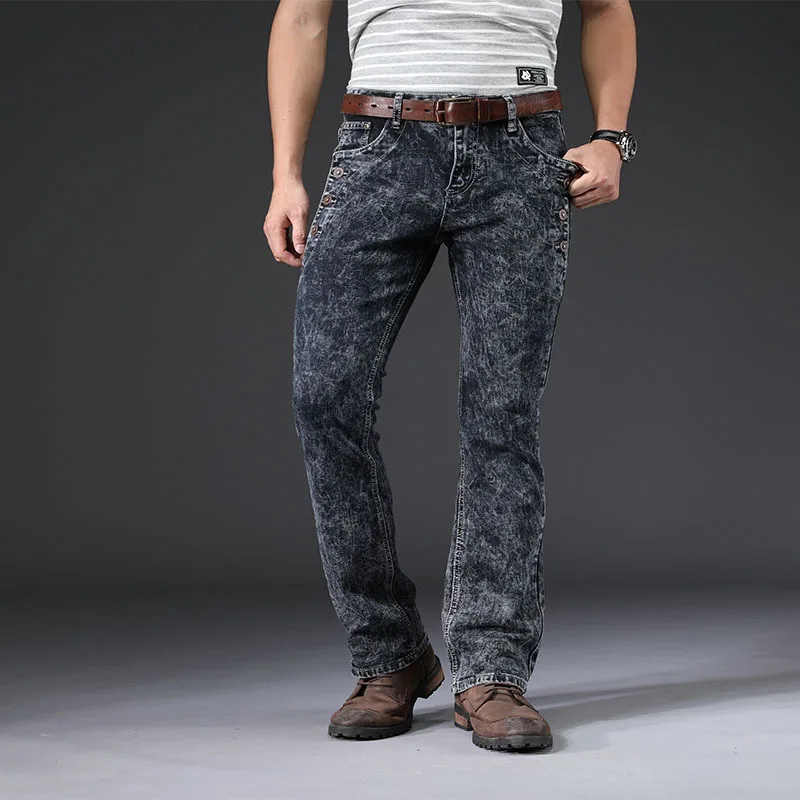 

Популярные уличные Стрейчевые расклешенные джинсы, Мужские Винтажные дизайнерские классические повседневные рваные джинсовые брюки с вырезами, Прямая поставка