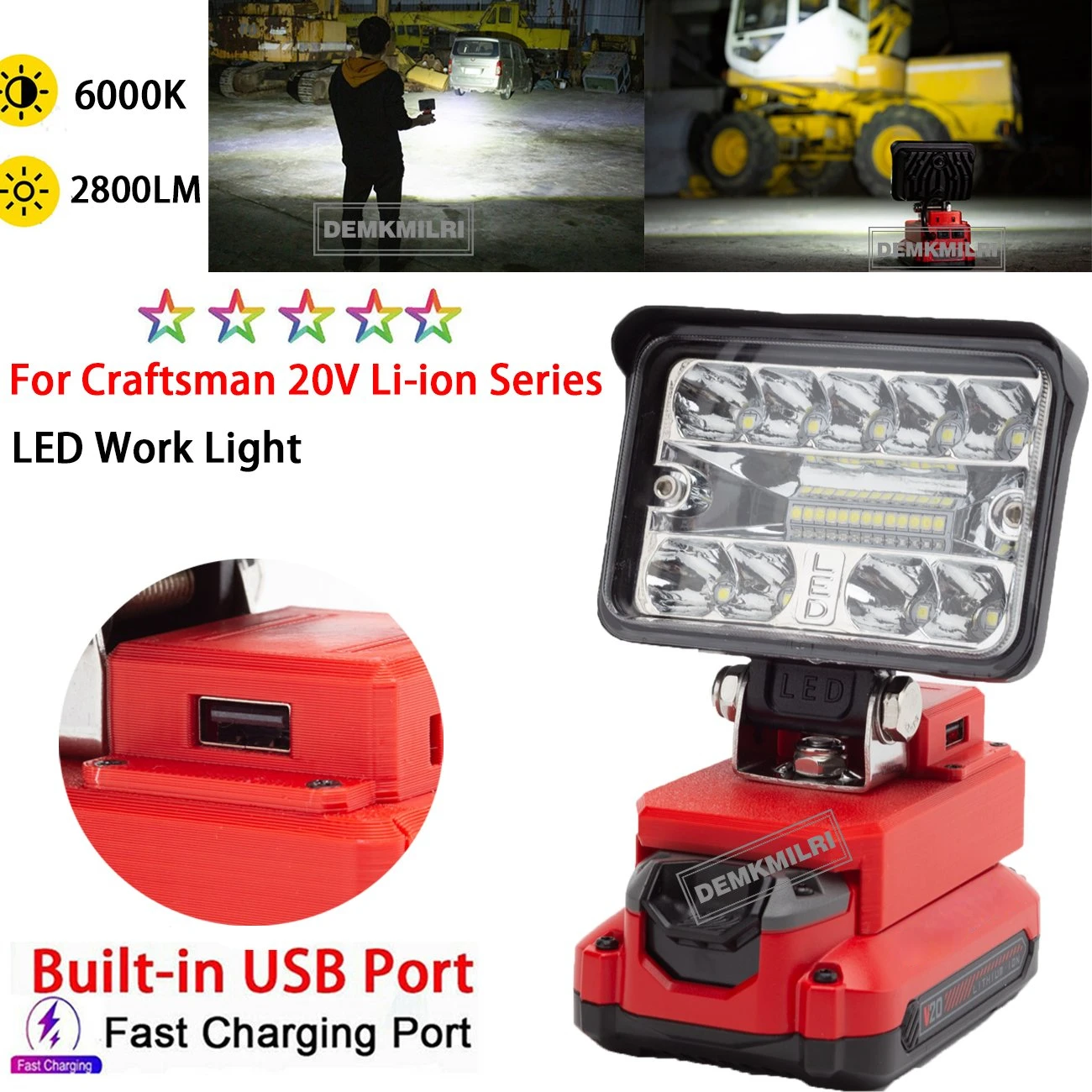 For Craftsman 20V MAX Li-Ion Battery-(2800LM) New Cordless LED Work Light Familiale Camping OutdoorTravel Light FAST CHARGE USB