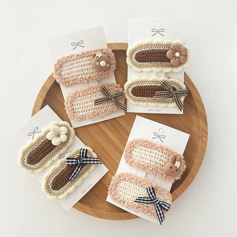 2pcs/lot Winter Wool Children Hair Clips Milk Tea Brown Bows Flower Korean Fashion BB Clip Girls Toddler Kids Hair Accessories