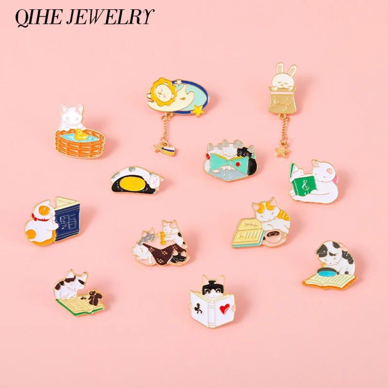 

Cute Animal Enamel Pins Cat Reading Book Lion Rabbit Squirrel Brooches Badge Jacket Backpack Accessories Gift Women Men Jewelry