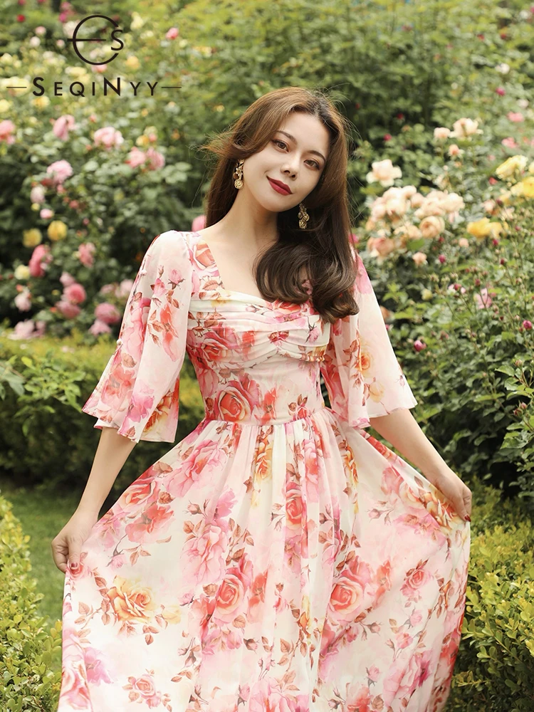 

SEQINYY Pink Knee Dress Summer Spring New Fashion Design Women Runway High Street Rose Vintage Flowers Print A-Line Casual
