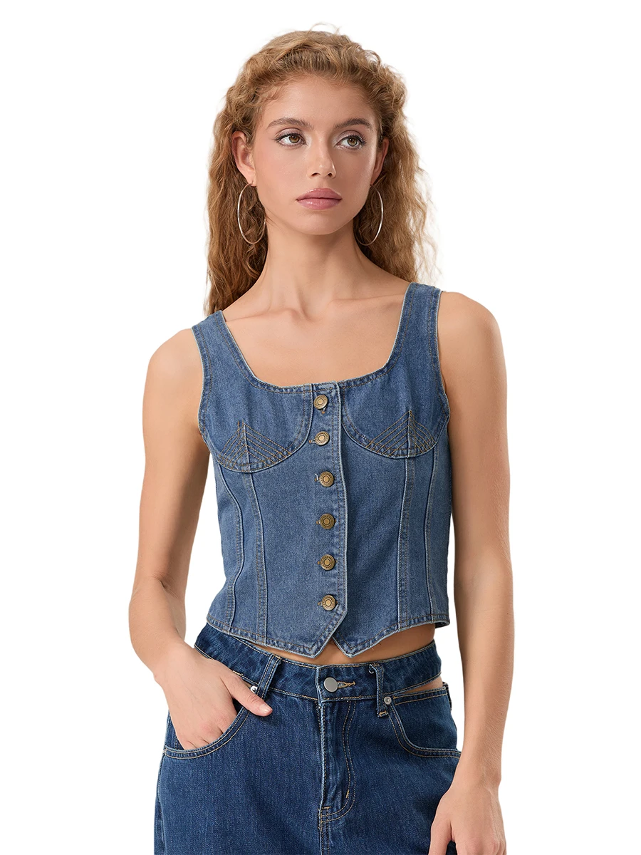 Женская джинсовая майка без рукавов с квадратным вырезом и открытой спиной