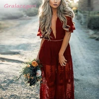sexy see through wine red lace maxi dress women summer high waist short sleeves deep v neck elegant christmas maxi long dress