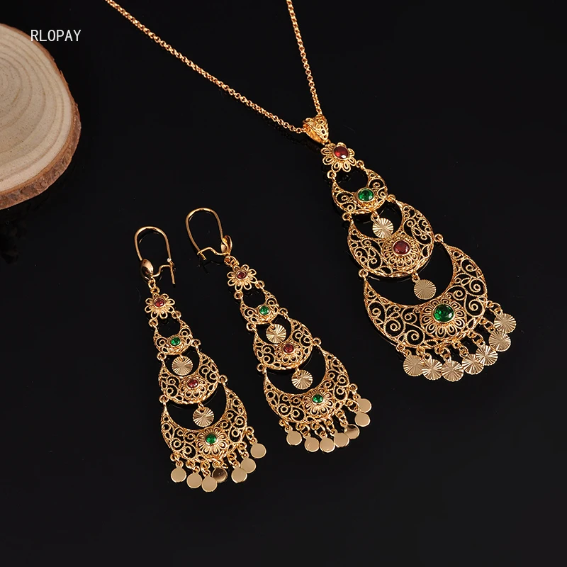 

New Muslim Islamic Hajj Umrah Pendant Necklace Earring Sets Moon Design Jewelry Sets In Gold Arabic Royal Kids Jewelry